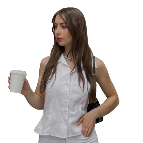 NEW ANNE FONTAINE Blouse White Size 10 Cilaos Sleeveless Halter Princess Seam